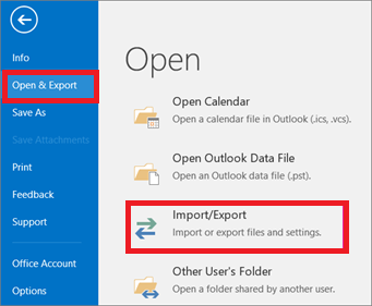 访问Outlook的所有选项importación和exportación