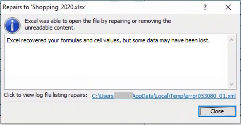 Excel能够通过修复消息打开文件