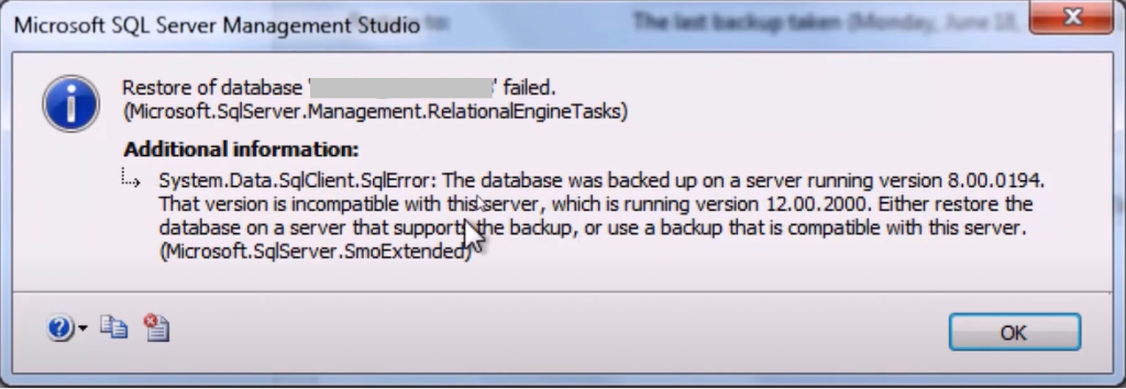 restore of database failed