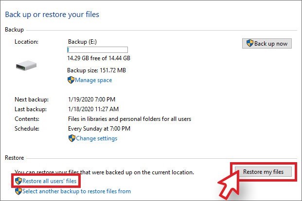 选择“在备份中恢复用户文件”或“恢复您的文件”窗口