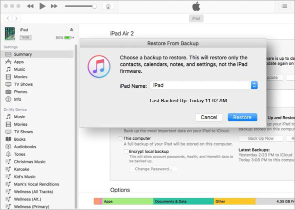 从iTunes备份恢复iPad数据