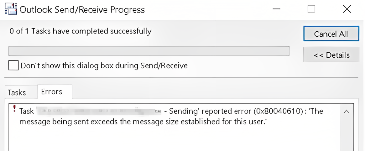 Outlook send receive progress reported error 0x80040610