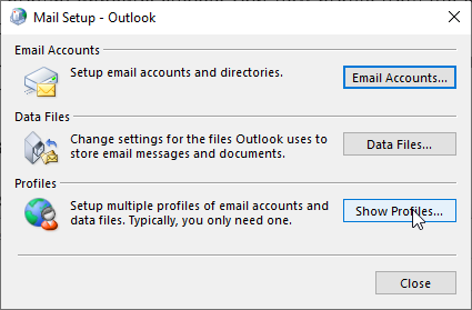 •Click on User Accounts > Mail and then click on Show Profiles to set up the email.