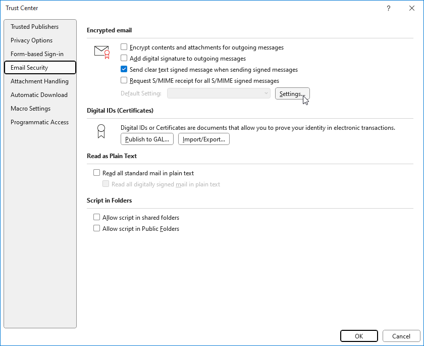 3.Click on the 'Settings' button, under 'Encrypted email'