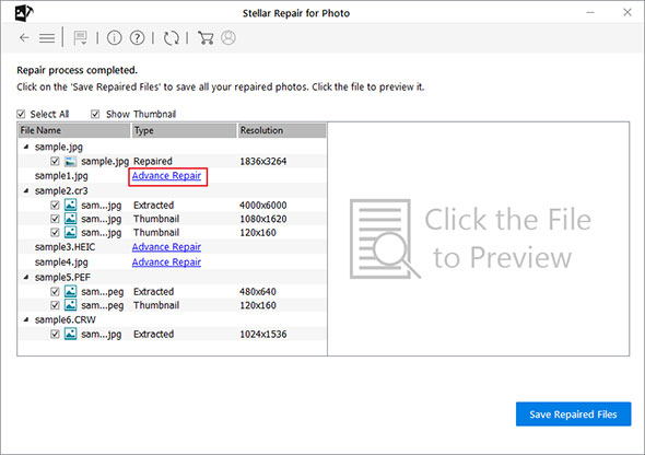click Advance Repair to fix severely corrupt photos