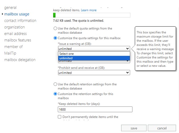 mailbox usage settings