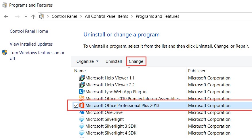 Microsoft Office在控制面板