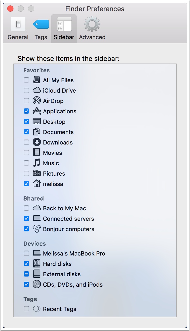 Barra lateral en preferences del Finder en Mac