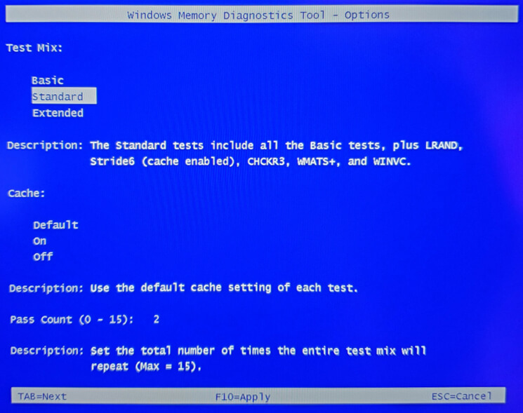 Windows Memory Diagnostic Tool Options