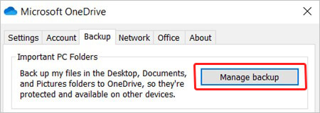 选择“manage backup in onedrive”