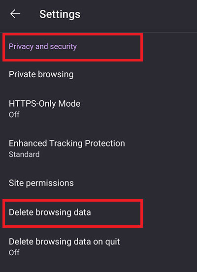 在火狐浏览器的隐私和安全选项下选择“删除浏览数据”