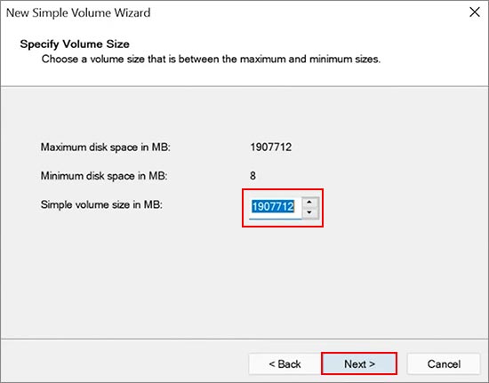 type the size of the drive volume