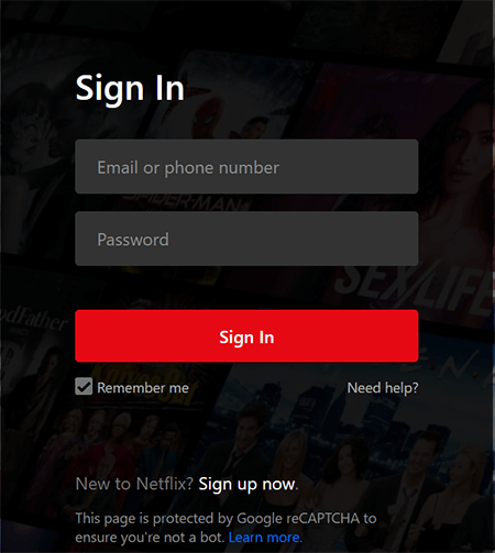 Netflix login screen