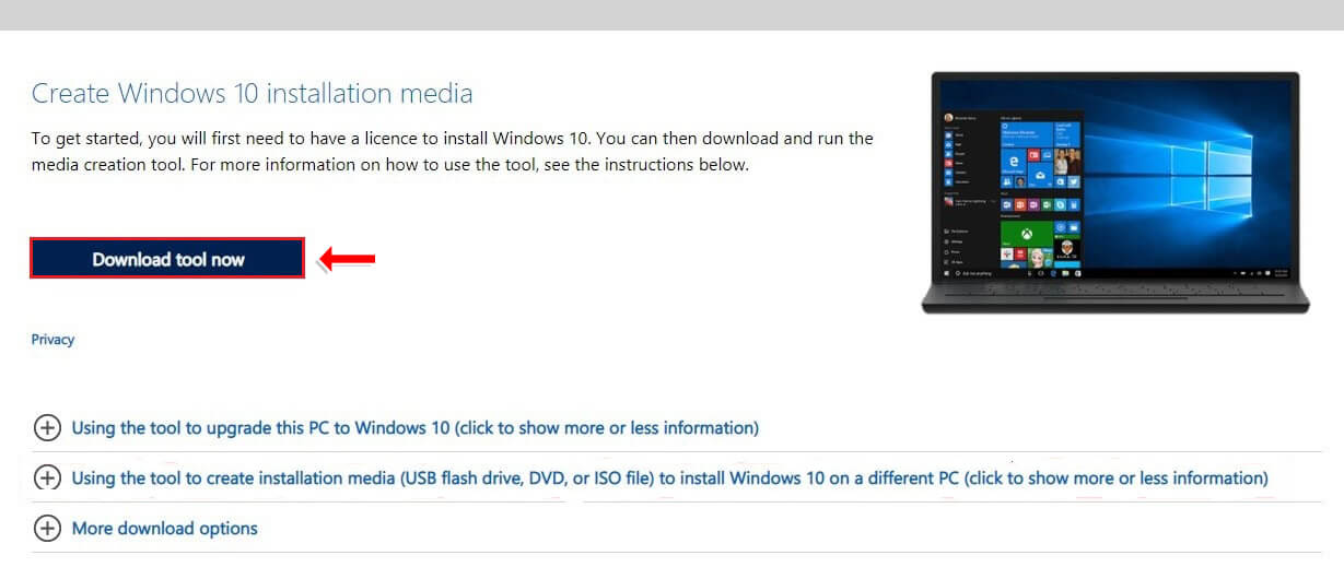 Microsoft download Windows 10 page