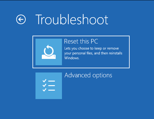 choose reset this pc in troubleshoot screen