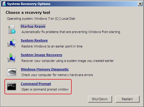 open system recovery settings and click on command prompt