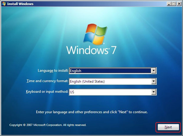 open the windows 7 setup and choose the language