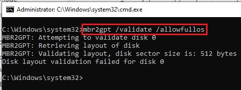 run mbr2gpt tool using cmd to fix the error
