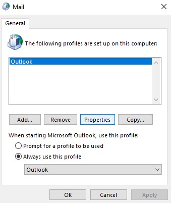 Select Outlook Profile Properties from Mail Window