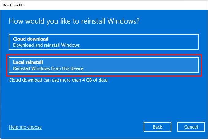 Select Local reinstall option