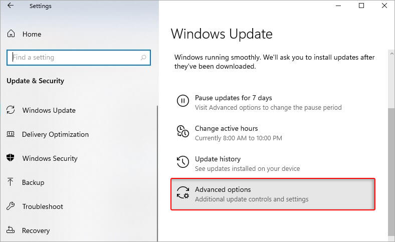 在Windows更新部分单击高级选项
