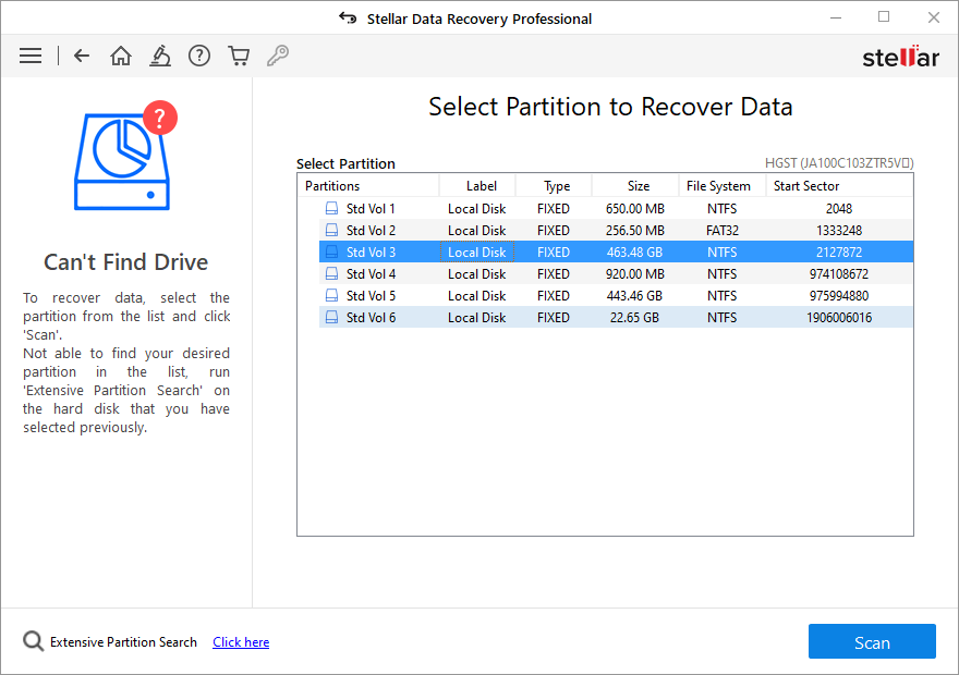 select hard drive to search lost partition